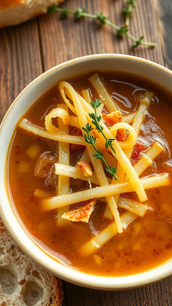 Classic French Onion Soup Recipe A bowl of French onion soup with melted cheese and toasted bread, garnished with thyme on a rustic table.